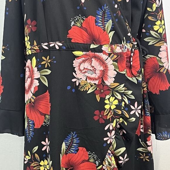 Boohoo Wrap Dress Plus size 16 Black Red Floral Ruffles Modest Wedding Church - Picture 3 of 13